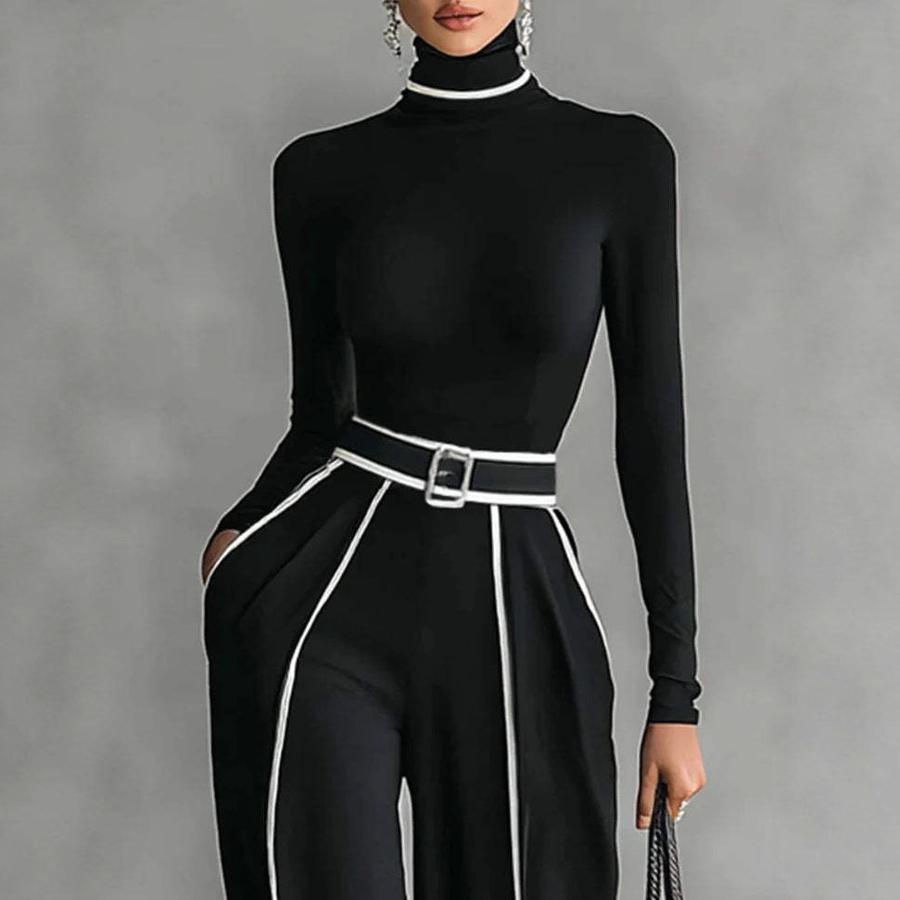 Autumn New Style Elegant Stand Collar Color Block Trim Waist Slim Fit Long Sleeve Knit + Wide Leg Pants Two Piece Set