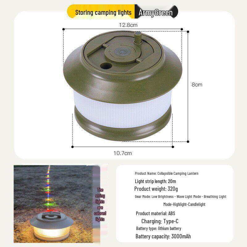 Rechargeable Outdoor Camping LED String Lights with Measuring Tape and Gas Atmosphere Lighting, Long Battery Life, Wind-Resistant Hanging Tent Rope.