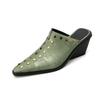 Fashion Women's New Spring/Summer Pointed Genuine Leather Silk Cowhide Metal Rivet Slope Heel High Heel Baotou Muller Slippers