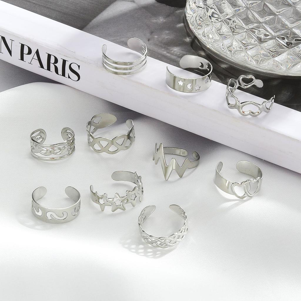 10Pcs Creative Adjustable Toe Rings Set Hollowed Heart Star Opening Toe Ring for Women Fashion Jewelry Gift Accessories