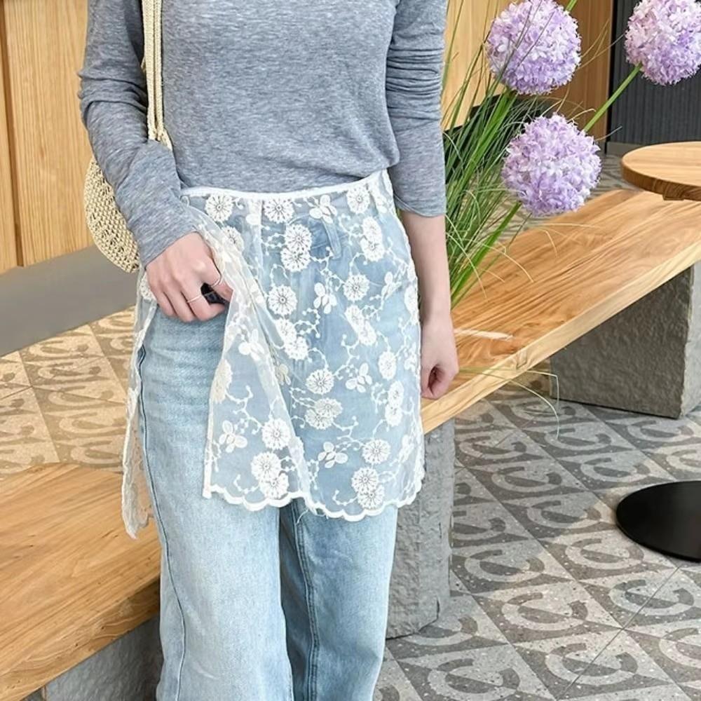 JEANS Decor Lace Fart Curtain Slim Fit Sheer Embroidery Flower Lace Half Skirt Sweet Side Button See Through Apron Skirt Y2K