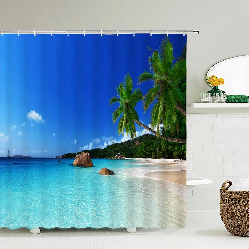 Coastal Scenery Shower Curtain with Hooks    Fresh Seaside Vibe Decor for Bathrooms, Reinforced Eyelets & Easy to Clean