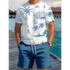 2025 Summer New Men's Short Sleeve Palm Tree Print Two Piece Drawstring Shorts Set Fashion Men's Vacation Beach Casual Suit