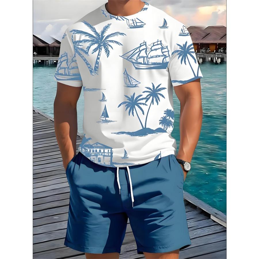 2025 Summer New Men's Short Sleeve Palm Tree Print Two Piece Drawstring Shorts Set Fashion Men's Vacation Beach Casual Suit