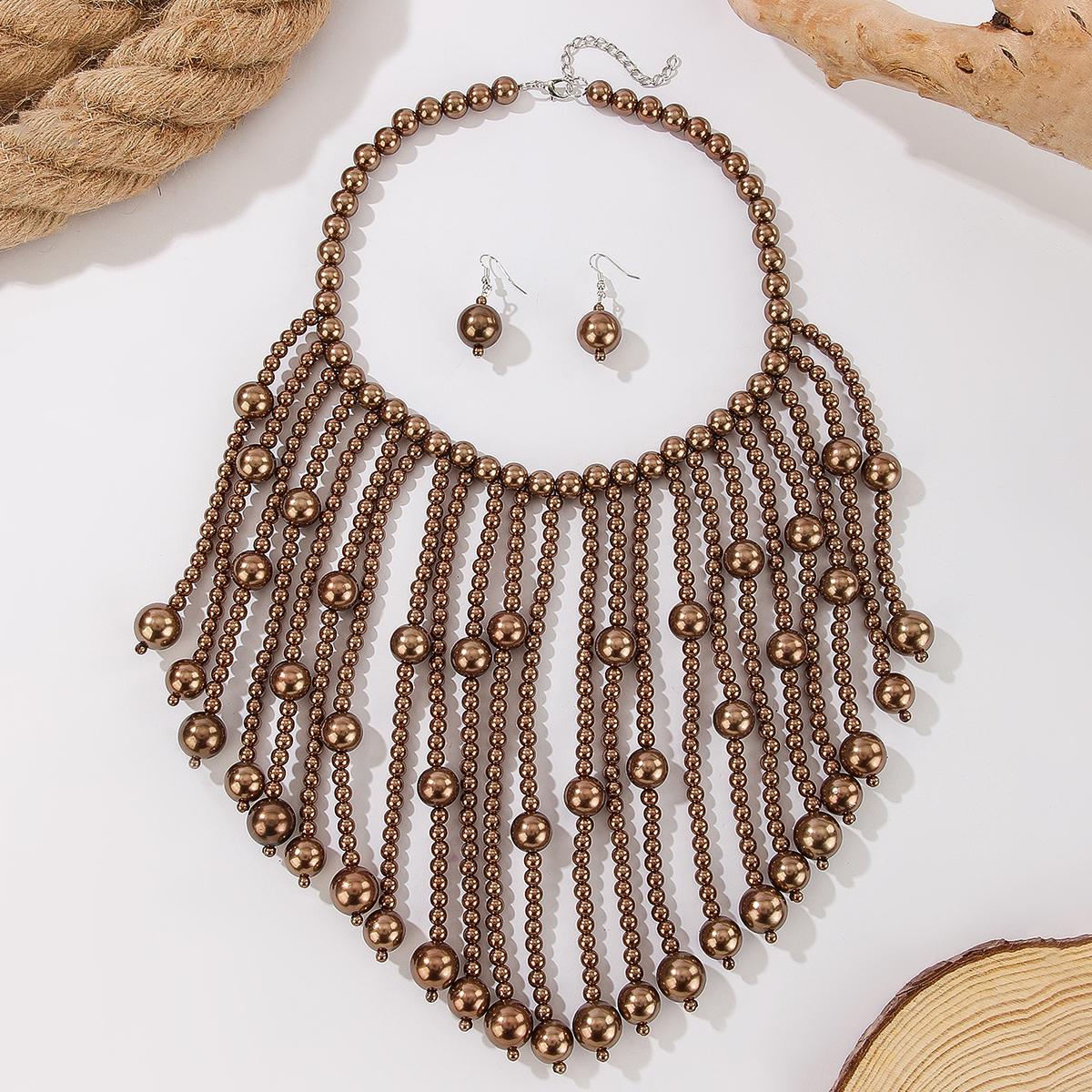 

Bridal Wedding Jewelry Set Handmade Imitation Pearl Tassel Necklace Earrings Women s Party Accessories коричневий