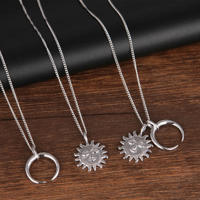 Vintage Silver Sun Moon Pendant Necklace Idol Personality Temperament Female Valentine'S Day Girlfriend Gift Item