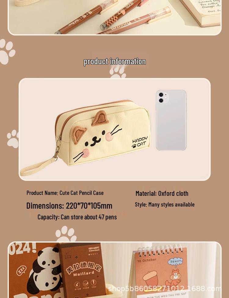 Adorable Cat Embroidered Large-Capacity Stationery Pencil Case for Girl Students