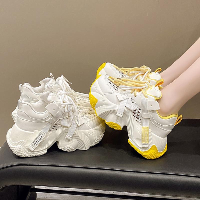 Large size mesh breathable dad shoes women 2025 new Korean version lace-up small man thick sole fashion temperament little white shoes