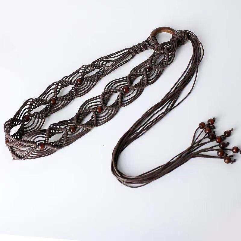 Boho Style Wax Rope Weaving Knotted Ethnic Style Handmade Wooden Beads Women's Belt Leisure Vacation Style Exquisite Waist Rope