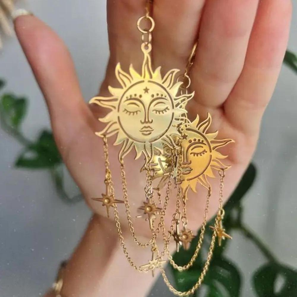 Bohemia Fashion Stainless Steel Gold Color Human Face Sun Star Tassel Chain Dangle Earrings for Women Retro Charm Jewelry Gifts