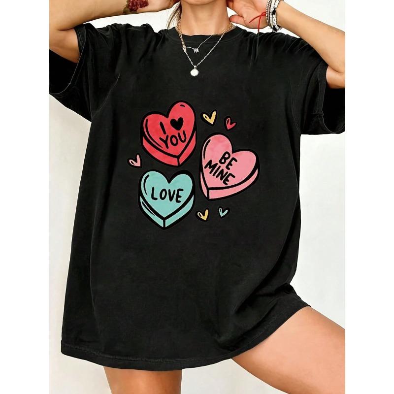 Black Oversized T-Shirt With Heart Candy Print I Love You Be Mine Valentine's Day Casual Wear For Women
