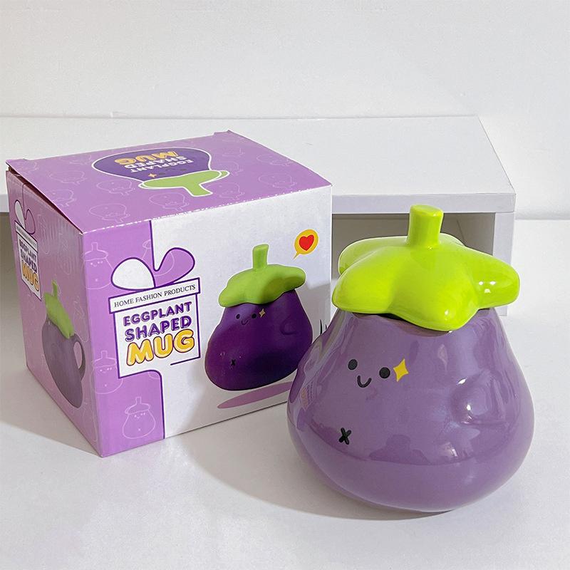 

Cute Funny Eggplant Big Belly Ceramic Coffee Mug With Lid Handle Cartoon Aubergine Porcelain Breakfast Cups For Milk Tea Water 401-500ml