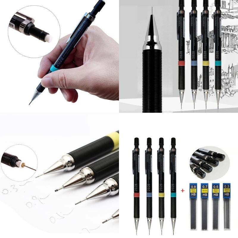 4 Pieces Automatic Pencils 0.3mm 0.5mm 0.7mm 0.9mm Sketching Pencils Metal Mechanical Pencils Drawing Pencils for School