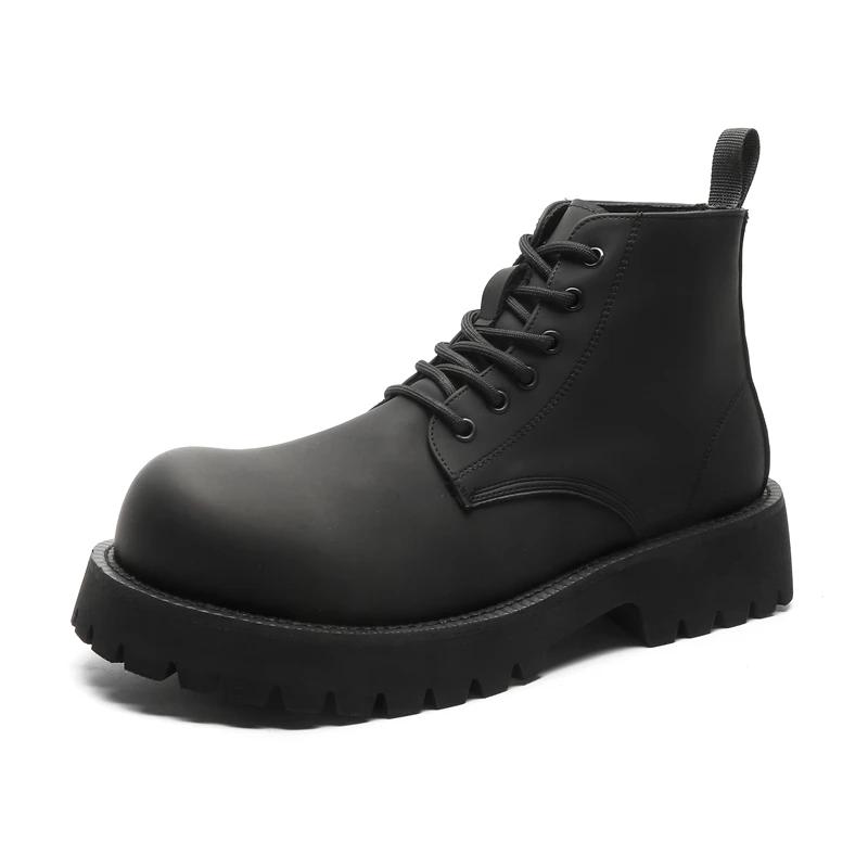 

Модные рабочие ботинки на толстой подошве с круглым носком, износостойкие, зимние, на шнуровке, до щиколотки, для улицы, деловые, в британском стиле, кожаные туфли 46 чёрный