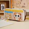 Color Block Double Zipper Pencil Bag, Front Elastic Band Design Cute Animal Patch Decor Stationery Organizer