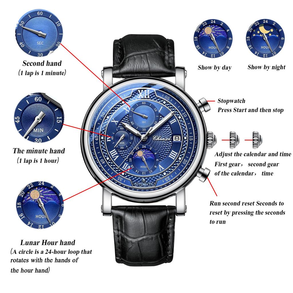 Starry Sky Watch Genuine Leather Strap Roman Alphabet Analog Display Luminous Calendar Moon Phase 3ATM Waterproof Quartz Leisure Business Stylish