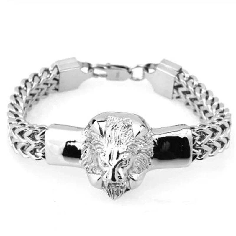 Domineering Lion Head Animal Bracelet Men\'s Stainless Steel Braided Chain Wristband Bracelet Hip Hop Jewelry