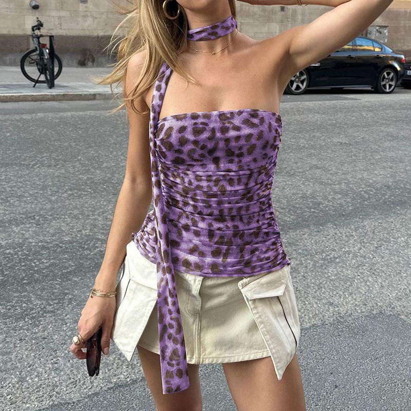 

Western Style 2025 Summer Leopard Print Print Gyaru Pure Desire Style off-Neck Tube Top Slim fit Slimming Vest Purple L