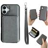 For iPhone 16 Case Detachable Zipper Card Bag PU+TPU Kickstand Phone Case with Strap