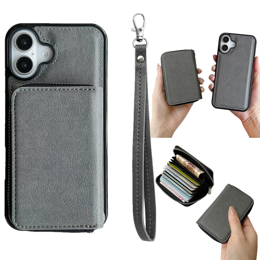 For iPhone 16 Case Detachable Zipper Card Bag PU+TPU Kickstand Phone Case with Strap