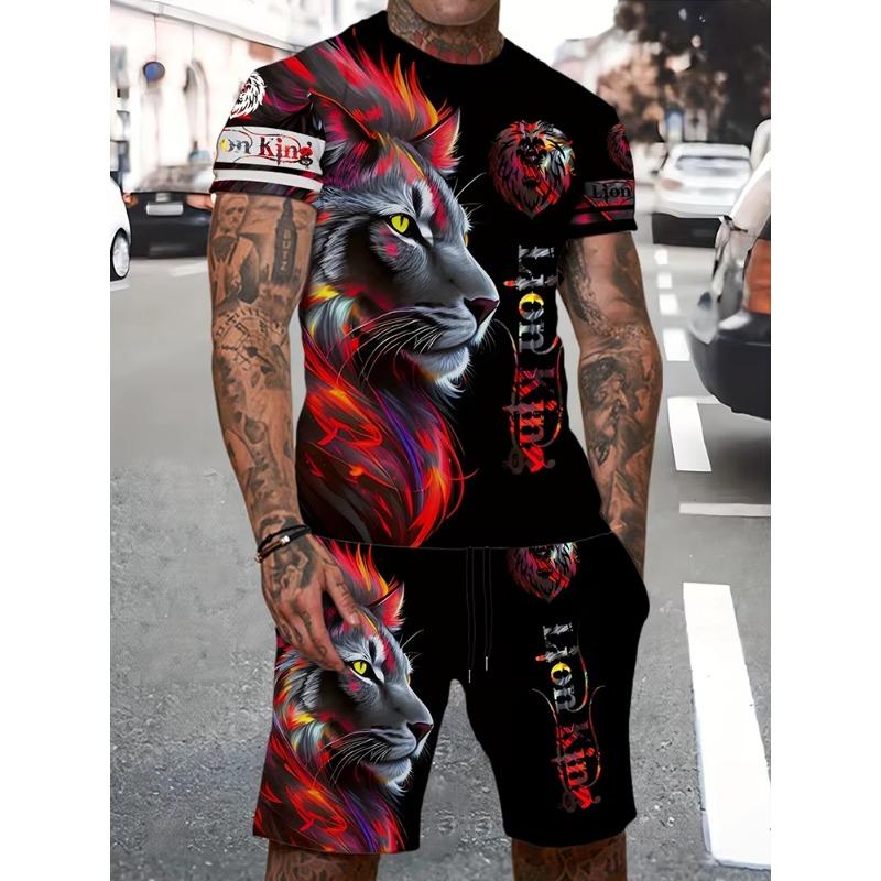 Summer Men Short Sleeve+ Shorts 2PCS Set Cool The Lion King 3D Print Kid T-Shirt +Drawstring Short Set Men's Set Clothing