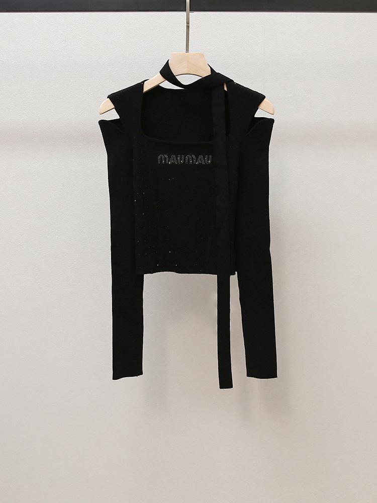 

High-End Autumn Spicy Girl Style Long Sleeve Square Neck Cutout Lace-Up Slimming Knitted Sweater S