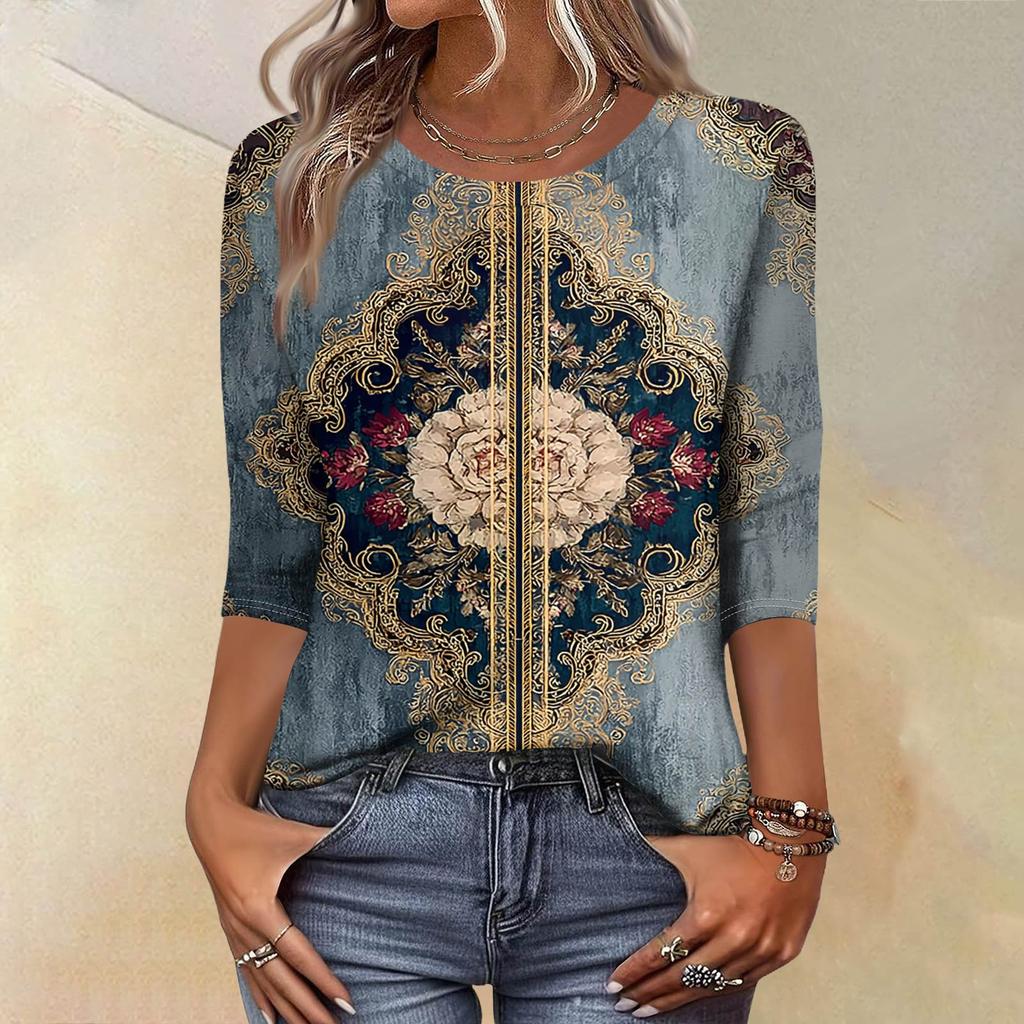 Trendy Vintage 3/4 Sleeve Top For Women,Ladies Casual Three Quarter Sleeve Round Collar Printed T-Shirt Blouse