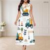 Women Plus Size Sleeveless Round Neck Triple Keyhole Cutout Black Gold Beige Printed Long Dress