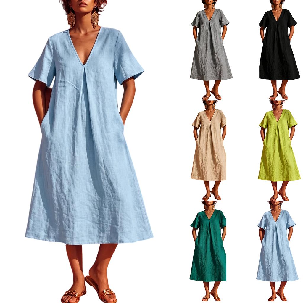 Women's Casual V Neck Midi Dress Short Sleeve Loose Fit Minimalist Mid Length Dress with Pockets Lightweight Comfortable Fabric