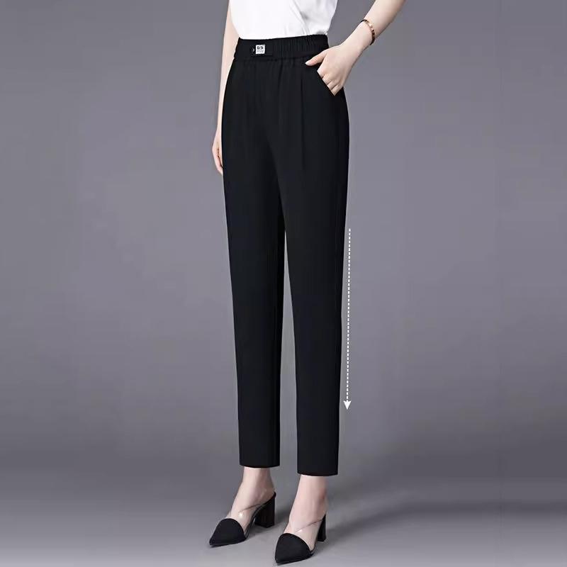 Summer Thin Ice Silk Cropped Casual Harlan Pants Women Solid Elastic Waisted Pockets Fashion Versatile Loose Straight Trousers