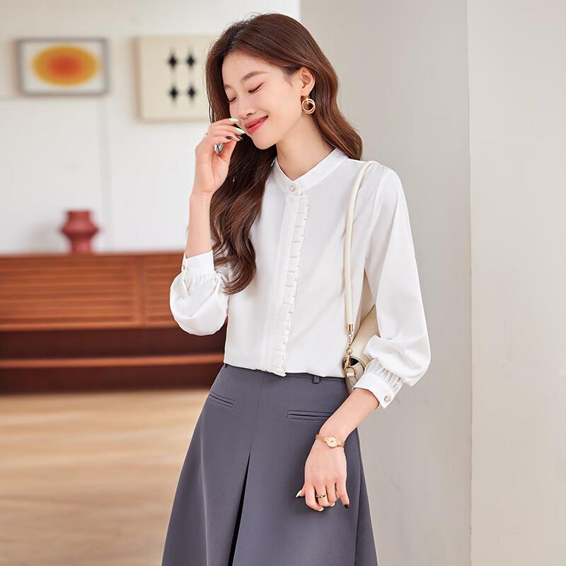 Women's Faux Acetate Satin Ruffle Stand-Collar Blouse