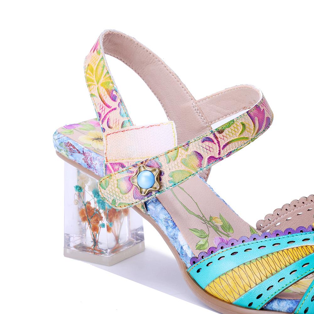 Johnature Sandali Stampati Colorati con Tacco Alto in Vera Pelle Stile Barocco Retrò Raffinati Floreali Scarpe da Donna