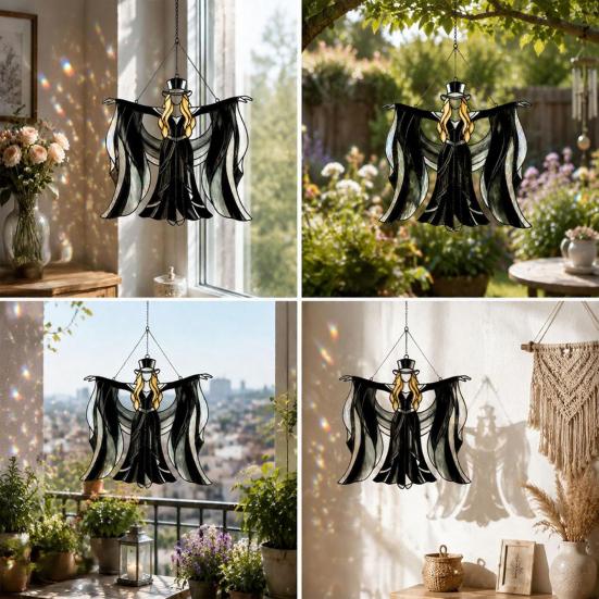 Boho Dancing Lady Suncatcher, Stained Glass Acrylic Hanging Ornament, Mystical Gothic Woman Window Spinner for Indoor Outdoor Decor, Gift
