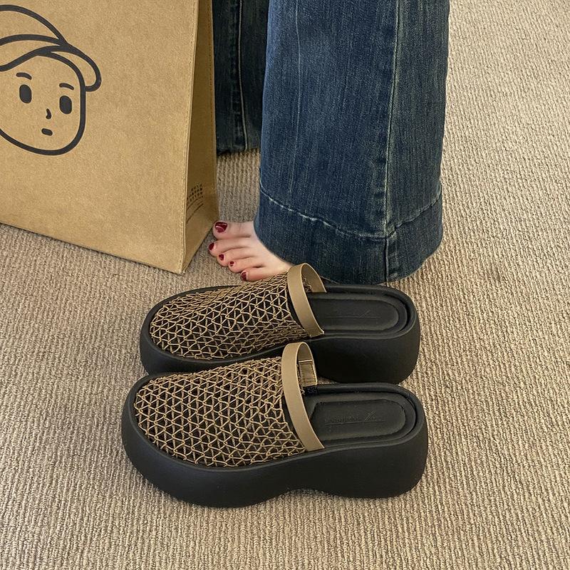 

Туфли на танкетке, на высоком каблуке, с сетчатым верхом, с открытым носком, полушлепанцы, женская обувь, носить летом 2025 года, сандалии на толстой подошве 40