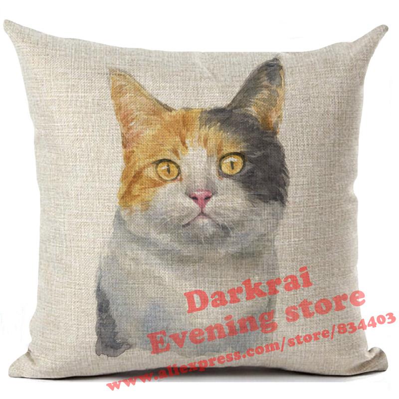 Cushion Cover Watercolor Cute Cat Printed Linen Pillow Cover Car Sofa Decorative Throw Pillows Home Decoration Pillowcase