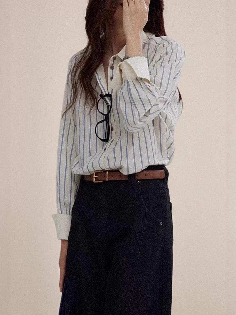 Women's Spring Color Block Striped Shirt - French Retro College Style