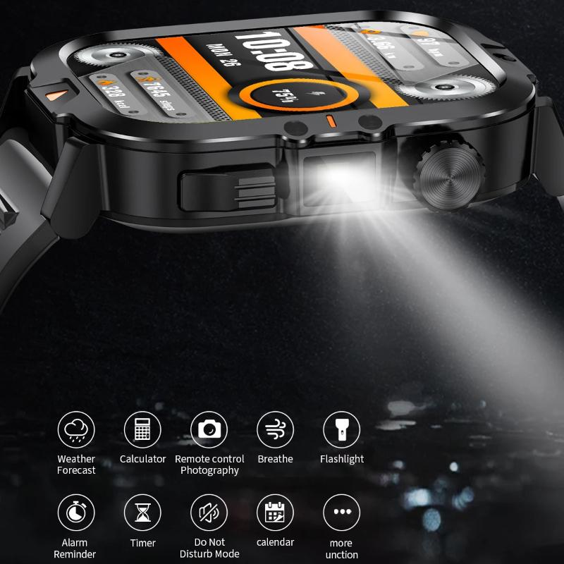 2025 Nieuwe 2.01-inch HD Scherm Heren Smartwatch met Zaklamp Buitensporten Heren Horloge IP68 Waterdicht Gezondheidsmonitor Oproep Smartwatch