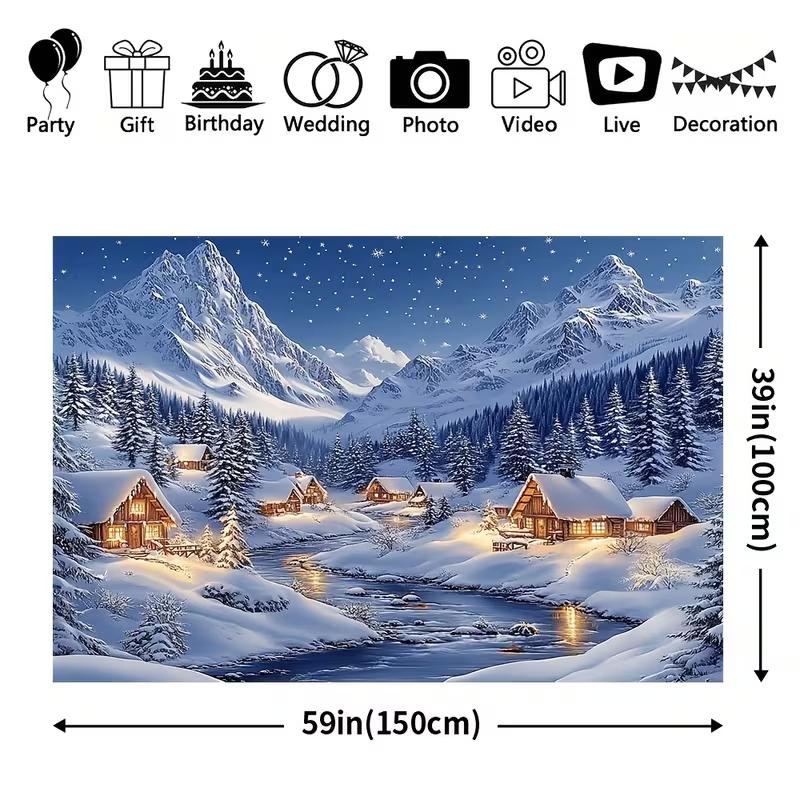 2D Night Sky Snowy Village with River and Pine Trees Banner 47.2x31.5inch/120*80cm