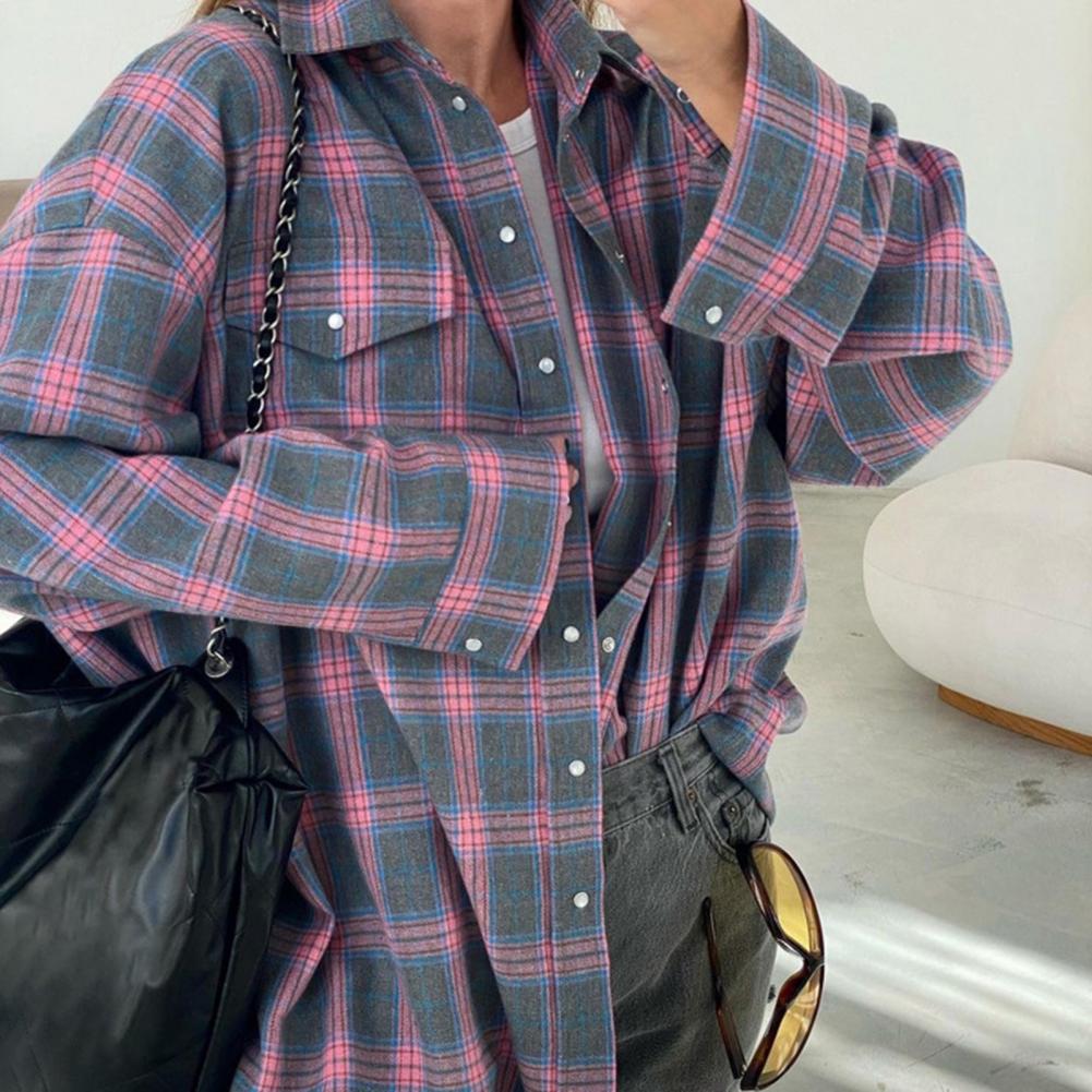 Women Shirt Lapel Long Sleeve Flap Pockets Single Breasted Shirt Plaid Print Loose Fit Breathable Comfortable Casual Fit Shirt