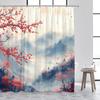 Japanese Style Shower Curtain Town Architecture Arch Bridge Pink Cherry Blossom Sunset Mountain Landscape Bathroom Curtain Decor