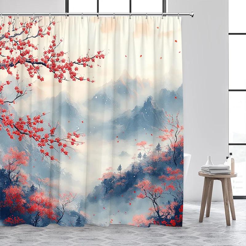 Japanese Style Shower Curtain Town Architecture Arch Bridge Pink Cherry Blossom Sunset Mountain Landscape Bathroom Curtain Decor