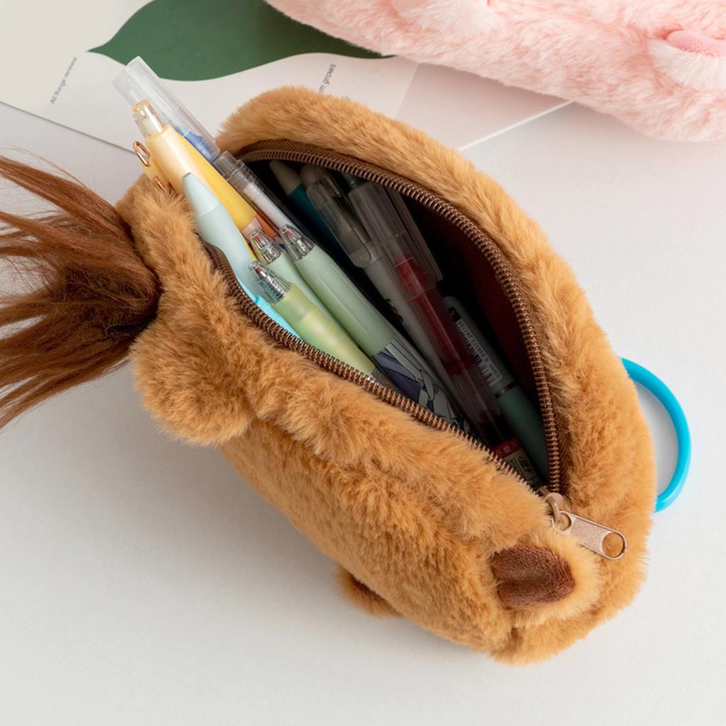 Cute Capybara Plush Pencil Case Large Capacity Spiky Hair Zipper Pen Pouch For Teens Students School Travel Makeup Storage Bag