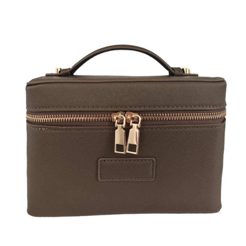 Tragbare Kosmetiktasche aus Cross-Grain-Leder mit goldener Hardware - Reise-Organizer für Make-up und Hautpflege