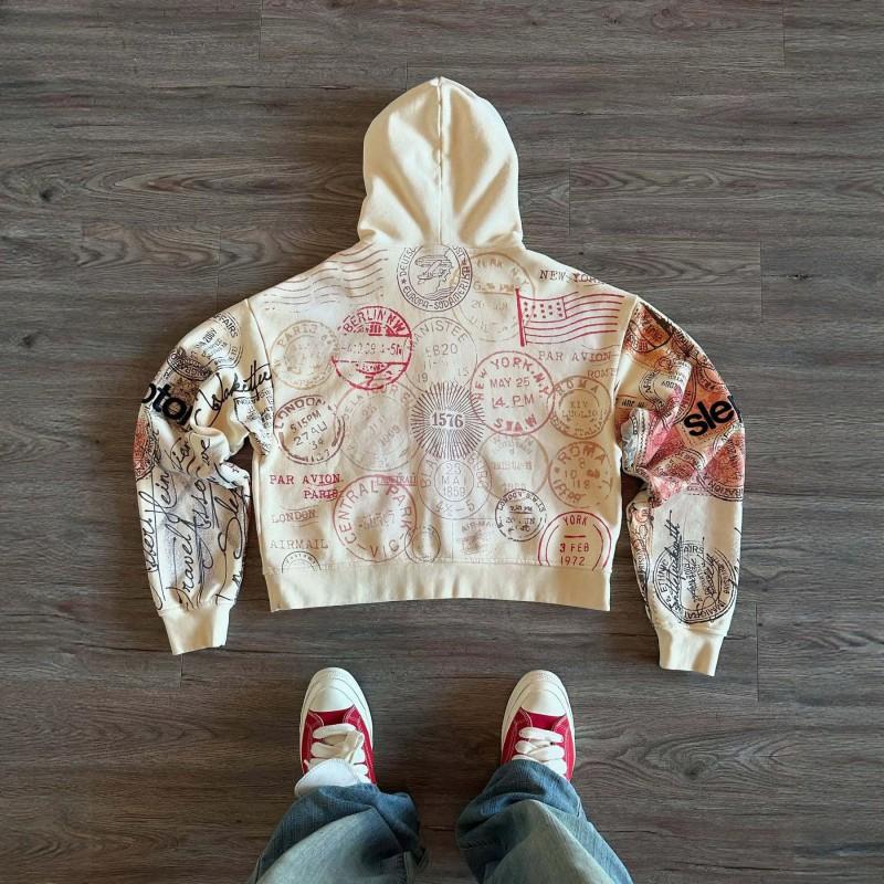 Unisex Retro Stamp Print Zip-Up Hoodie With Embroidery Pocket Loose Fit Streetwear Sweatshirt Fall