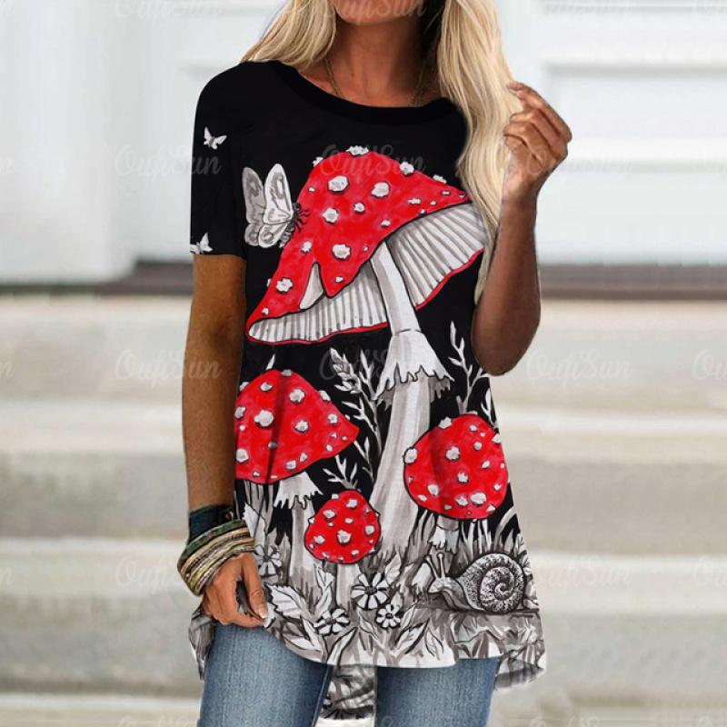 

Жіноча футболка з кольоровим принтом у вигляді грибів, літня вільна футболка з круглим вирізом і короткими рукавами для жіночих вуличних повсякденних футболок, жіночий повсякденний одяг 8XL