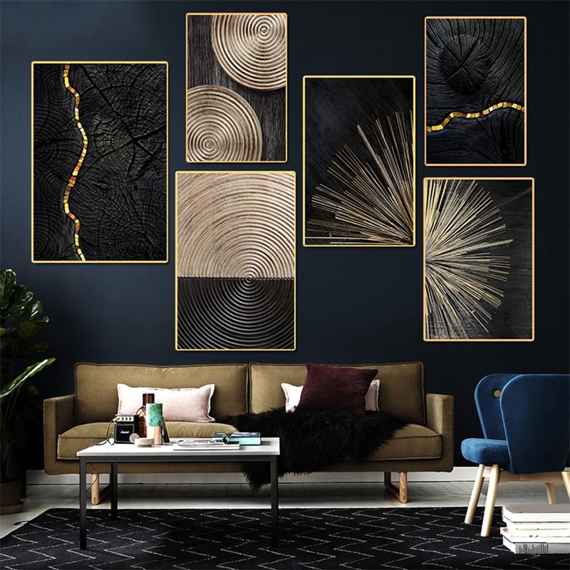 Canvas Painting Nordic Abstract Golden Black Annual Ring Poster and Print Wall Art Picture for Living Room Home Decoration No Frame