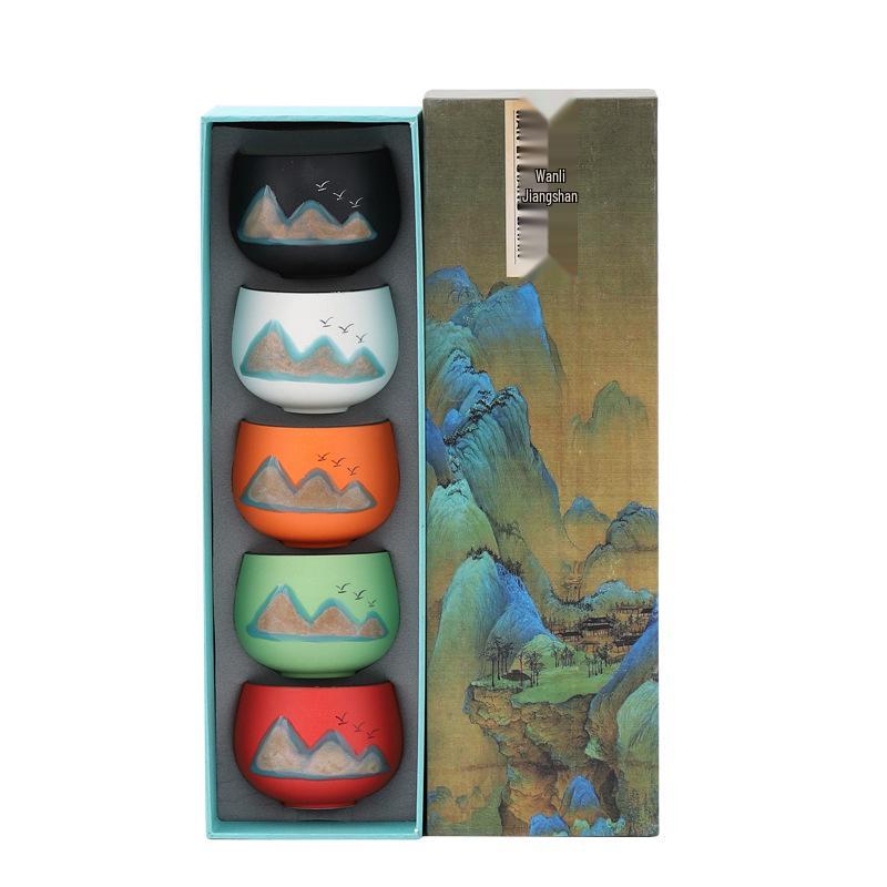 Guochao Hand-Painted Ten Thousand Li Rivers & Mountains Tea Set - Creative Gift Box with Tea Cups
