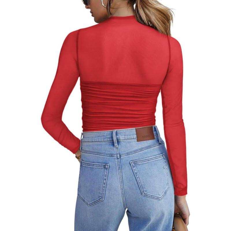 Damen S Durchsichtiges Netz Langarm T-Shirt Fake Zweiteiler Enganliegend Y2k Oberteil