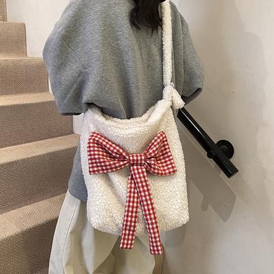 2025 Autumn and Winter New Crossbody Shoulder Bag Korean Ins Style Bow Plush Bag Lamb Wool Student Canvas Bag