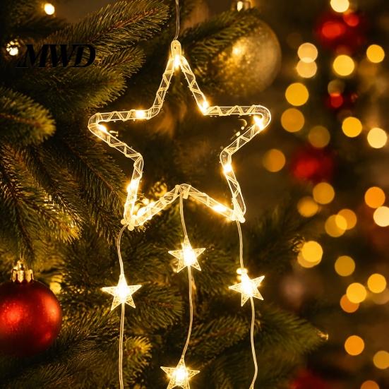 New Year Festive Atmosphere Light LED Christmas Window Star Decoration, Battery Operated Hanging Warm Non Punching Wall Ornament Lighted Shaped